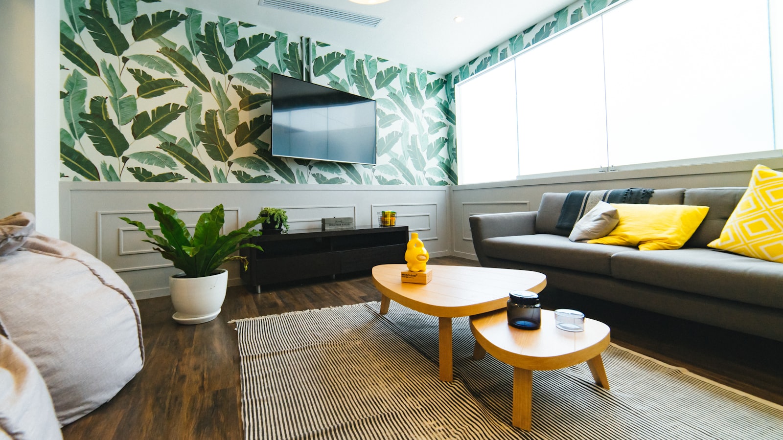Bright living room with a full wall of large energy-efficient windows